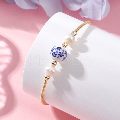 Handmade Porcelain & Natural Cultured Freshwater Pearl & Non-magnetic Synthetic Hematite Beaded Cuff Bangles for Women BJEW-JB14019-1