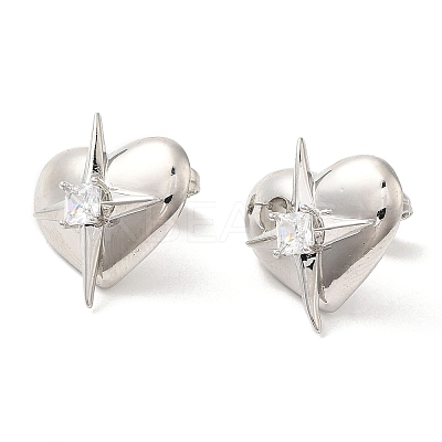 Rack Plating Brass Heart with Star Stud Earrings with Clear Cubic Zirconia Earring for Women EJEW-A101-05P-1