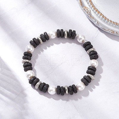 Flat Round Natural Lava Rock & Shell Pearl Beaded Stretch Bracelets for Women BJEW-JB12140-01-1