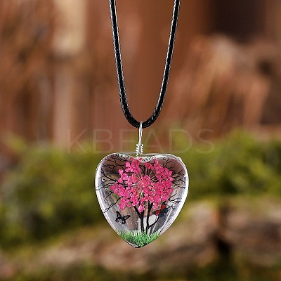 Heart Glass with Dried Flower Tree Inner Pendant Black Waxed Cord Necklaces FS-WG87A6D-08-1
