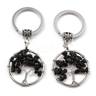 Natural Obsidian Flat Round with Tree of Life Pendant Keychain KEYC-E023-03U-1