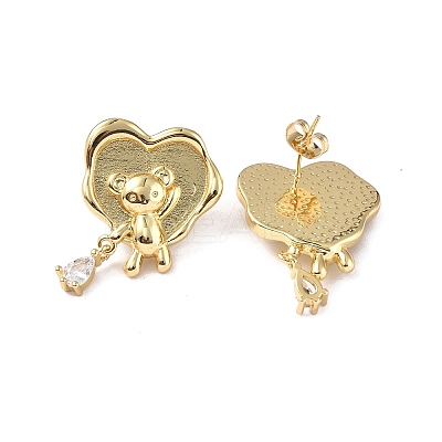 Clear Cubic Zirconia Heart with Bear Dangle Stud Earrings EJEW-P214-17G-1
