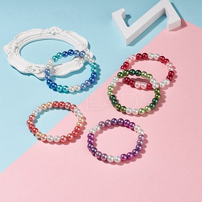 Glass Pearl Round Beaded Stretch Bracelet for Women BJEW-JB08532-1