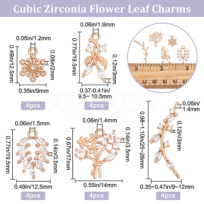 20Pcs 5 Styles Brass Micro Pave Clear Cubic Zirconia Pendants KK-BBC0005-69-1