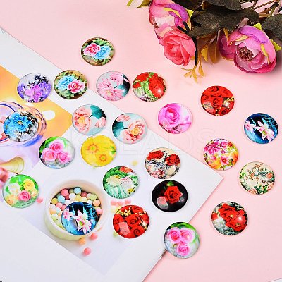 Flower Printed Glass Cabochons GGLA-SZ0001-15-1