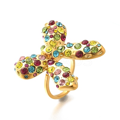 Bowknot 304 Stainless Steel Rhinestone Cuff Rings for Women RJEW-A058-01C-G-1