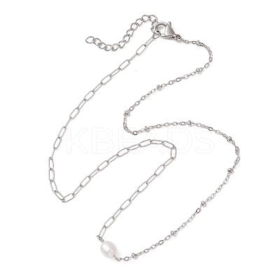 Natural Pearl Rice & 304 Stainless Steel Satellite Chain Paperclip Chain Necklaces for Women NJEW-JN05822-01-1