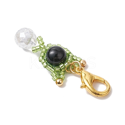 Natural Tiger Eye & Glass Seed Beaded Cat Pendant Decoration HJEW-MZ00157-06-1