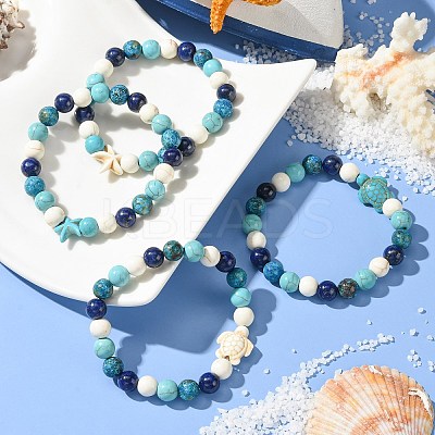 Summer Beach Turtle/Starfish Dyed Synthetic Turquoise Bracelets BJEW-JB10896-1