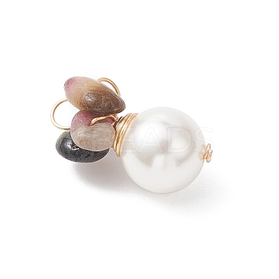 Natural Tourmaline Chip with Copper Wire Wrapped Shell Pearl Pendants PALLOY-JF04951-01-1
