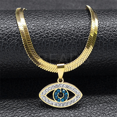 304 Stainless Steel Rhinestone Snake Chain Evil Eye Pendant Necklaces NJEW-K273-02G-1