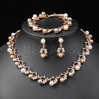 Alloy Rhinestone & Plastic Imitation Pearl Leaf Link Chain Necklaces & Stud Dangle Earrings & Link Bracelets Sets WG65A67-02-1