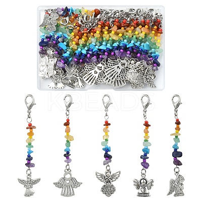 30Pcs 5 Styles Chakra Natural & Synthetic Gemstone Chips & Alloy Angel Pendant Decoration HJEW-YW00067-1