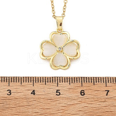 Brass Cubic Zirconia Glass Cat Eye Clover Pendant Neckalces for Women NJEW-S448-07G-1