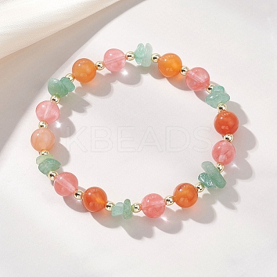 Cherry Quartz Glass & Natural Carnelian & Green Aventurine Stretch Bracelets for Women BJEW-JB13185-1