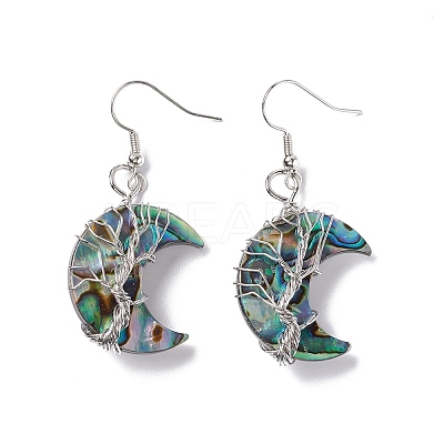 Natural Paua Shell Crescent Moon Dangle Earrings EJEW-G307-01P-1