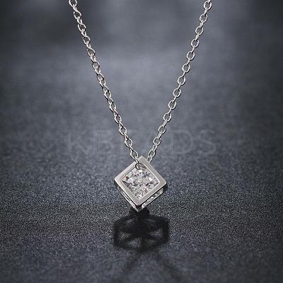 Silver Color Plated Brass Cubic Zirconia Cube Pendant Necklace NJEW-BB00455-1