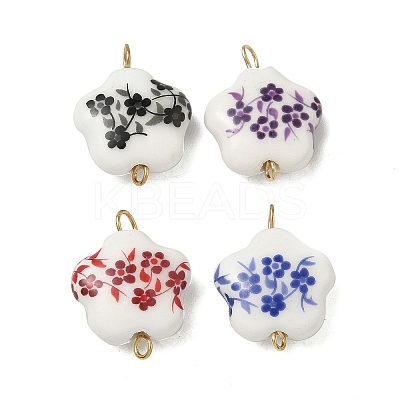 4Pcs 4 Colors Handmade Printed Porcelain Flower Connector Charms PALLOY-JF04405-01-1