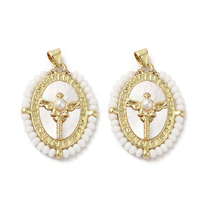 Brass Pave Shell Pendants KK-I708-01A-G-1