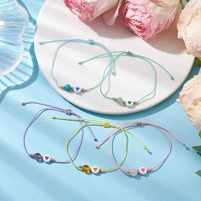 6mm Round Gemstone & Acrylic Enamel Heart Braided Bead Bracelets for Women BJEW-JB10773-1