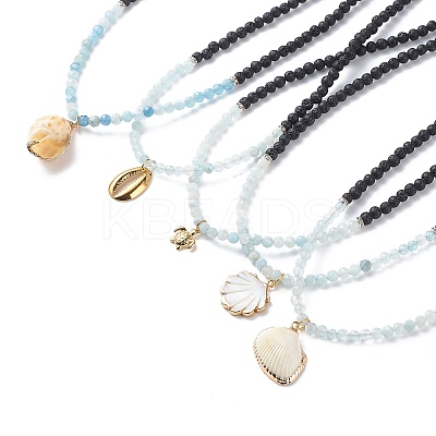 Natural Aquamarine & Lava Rock Beaded Necklace with Brass Charm NJEW-JN03997-1
