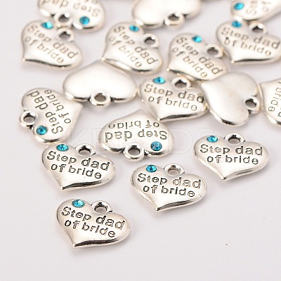 Wedding Theme Antique Silver Tone Tibetan Style Alloy Heart with Step Dad of Bride Rhinestone Charms TIBEP-N005-22B-1