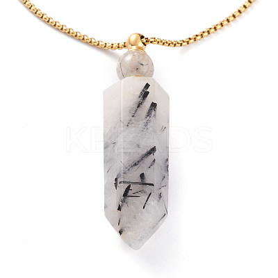 Natural Tourmalinated Quartz/Black Rutilated Quartz Openable Perfume Bottle Pendant Necklaces NJEW-H216-06G-1