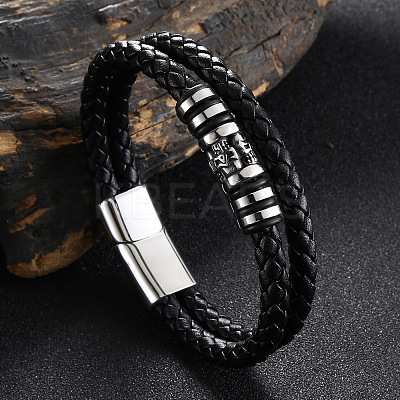 Stainless Steel Skull Beaded Leather Double Layer Multi-strand Bracelet SKUL-PW0004-26E-01-1