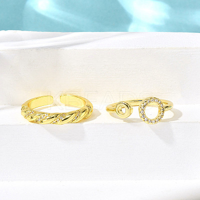 2Pcs 2 Styles Brass Micro Pave Clear Cubic Zirconia Cuff Rings for Women RJEW-S399-02G-1