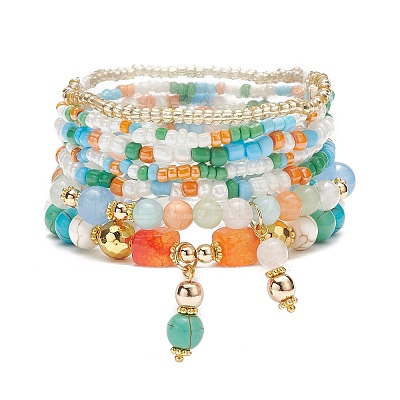 7Pcs 7 Style Natural Dyed Malaysia Jade & Agate & Glass Seed Beaded Stretch Bracelets Set BJEW-JB08892-01-1