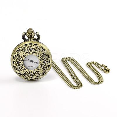 Filigree Flat Round Alloy Quartz Pocket Watches WACH-N039-14AB-1