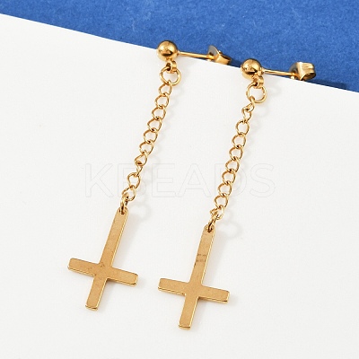 Christian Upside Down Cross 201 Stainless Steel Dangle Stud Earrings LS-EJEW-P314-01B-G-1