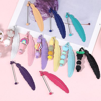 11Pcs 11 Colors Spray Printed Alloy Feather Pendant Bookmarks AJEW-SZ0002-64-1