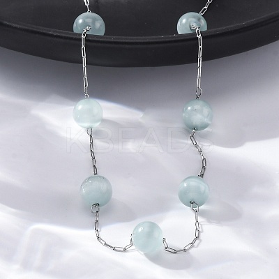 304 Stainless Steel Cat Eye Round Beads Handmade Chain Necklaces for Women NJEW-C073-01P-05-1