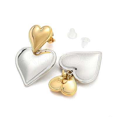 304 Stainless Steel Double Heart Dangle Stud Earrings for Women EJEW-D076-01D-GP-1