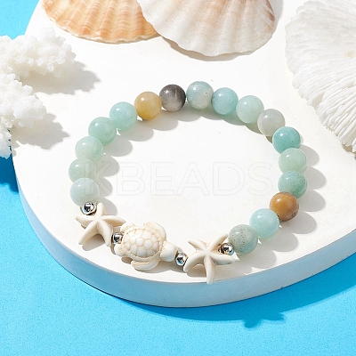 Dyed Synthetic Turquoise Turtle and Starfish Beaded Bracelets BJEW-JB10062-02-1