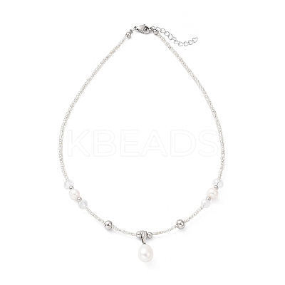 Natural Pearl Pendant Necklace with Glass Beaded Chains NJEW-M201-01A-1
