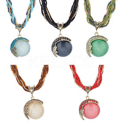 5Pcs 5 Style Resin Imitation Cat Eye Flat Round Pendant Necklaces Set NJEW-AN0001-12-1