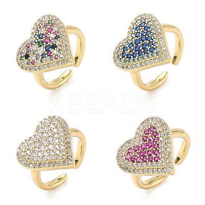 Heart Brass Micro Pave Cubic Zirconia Cuff Rings for Women RJEW-A069-12G-1