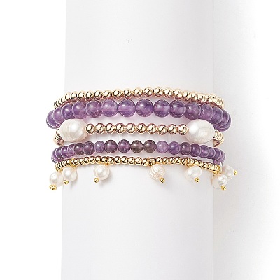 5Pcs 5 Style Natural Amethyst & Brass Beaded Stretch Bracelets Set BJEW-JB08870-01-1