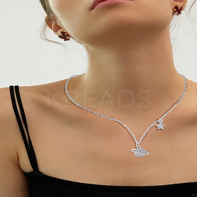 1Pc Alloy Crystal Rhinestone Star Planet Pendant Necklaces for Women NJEW-LP0003-20P-1