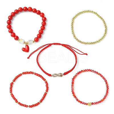 5Pcs 5 Style Glass & Brass Beaded Stretch Bracelets Set BJEW-TA00298-1
