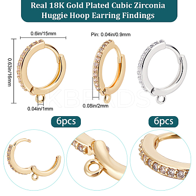 12Pcs 2 Colors Brass Micro Pave Clear Cubic Zirconia Huggie Hoop Earring Findings KK-BBC0022-91-1