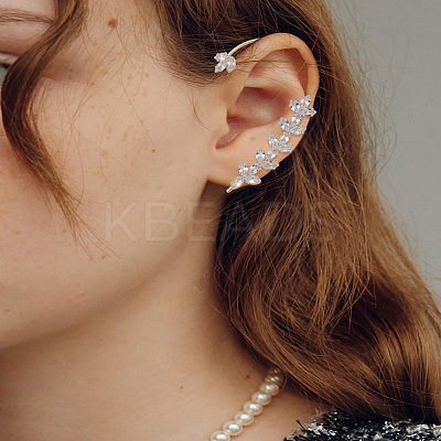 1Pc Leaf Alloy Clear Cubic Zirconia Cuff Earrings EJEW-LP0007-022G-1