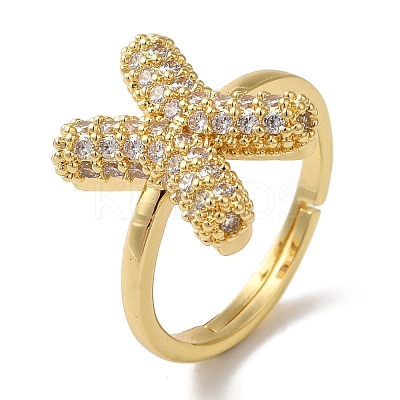 Rack Plating Letter Brass Micro Pave Clear Cubic Zirconia Adjustable Rings for Women KK-S391-03G-X-1