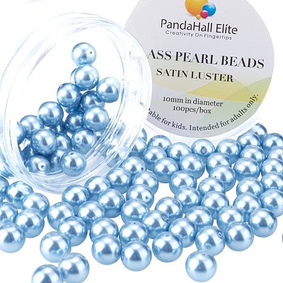 10mm About 100Pcs Glass Pearl Beads Light Blue Tiny Satin Luster Loose Round Beads in One Box for Jewelry Making HY-PH0001-10mm-006-1