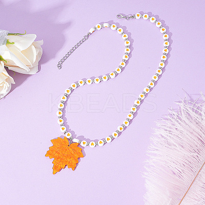 Thanksgiving Day Alloy & Acrylic Maple Leaf Pendant Heart Beaded Necklaces for Women FS-WG0EB84-02-1