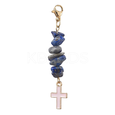 5Pcs 5 Style Natural Mixed Gemstone Chips & Alloy Enamel Cross Pendant Decorations HJEW-JM01793-S-1