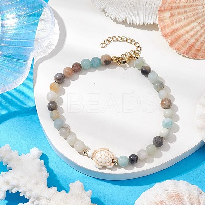 Natural Flower Amazonite &  Synthetic Turquoise Charm Anklets for Women AJEW-AN00616-02-1