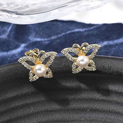 Butterfly Brass Micro Pave Clear Cubic Zirconia Stud Earrings EJEW-C154-03G-1